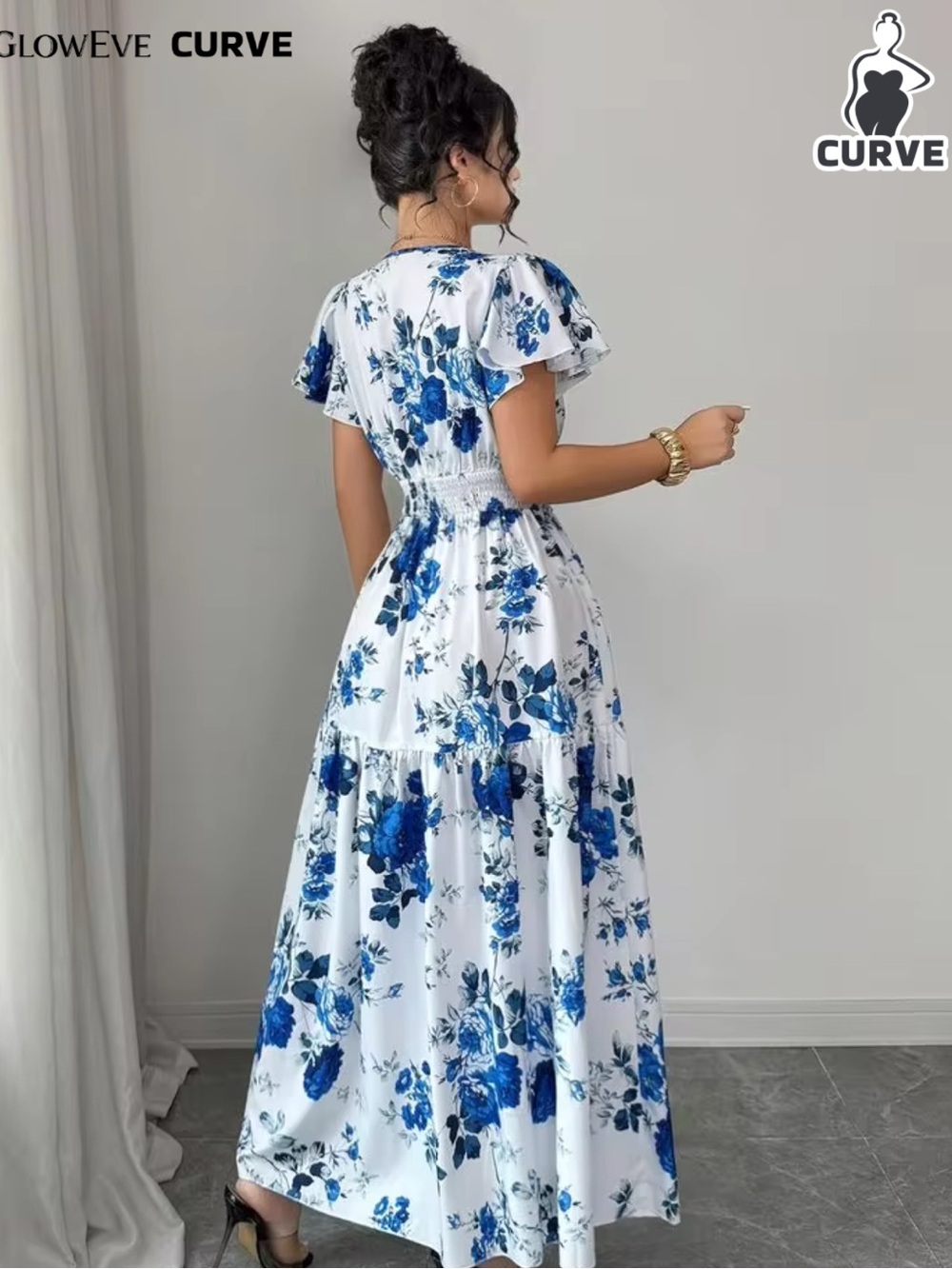 Gloweve Curve Floral Ruffle Sleeve Maxi Dress Blue White Plus Size 2XL NWT - Picture 2 of 2